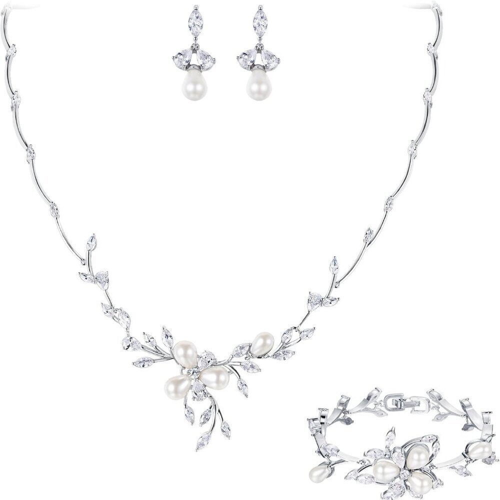 Marquise CZ Simulated Pearl Bridal Flower Leaf Filigree Necklace Earrings Bracel